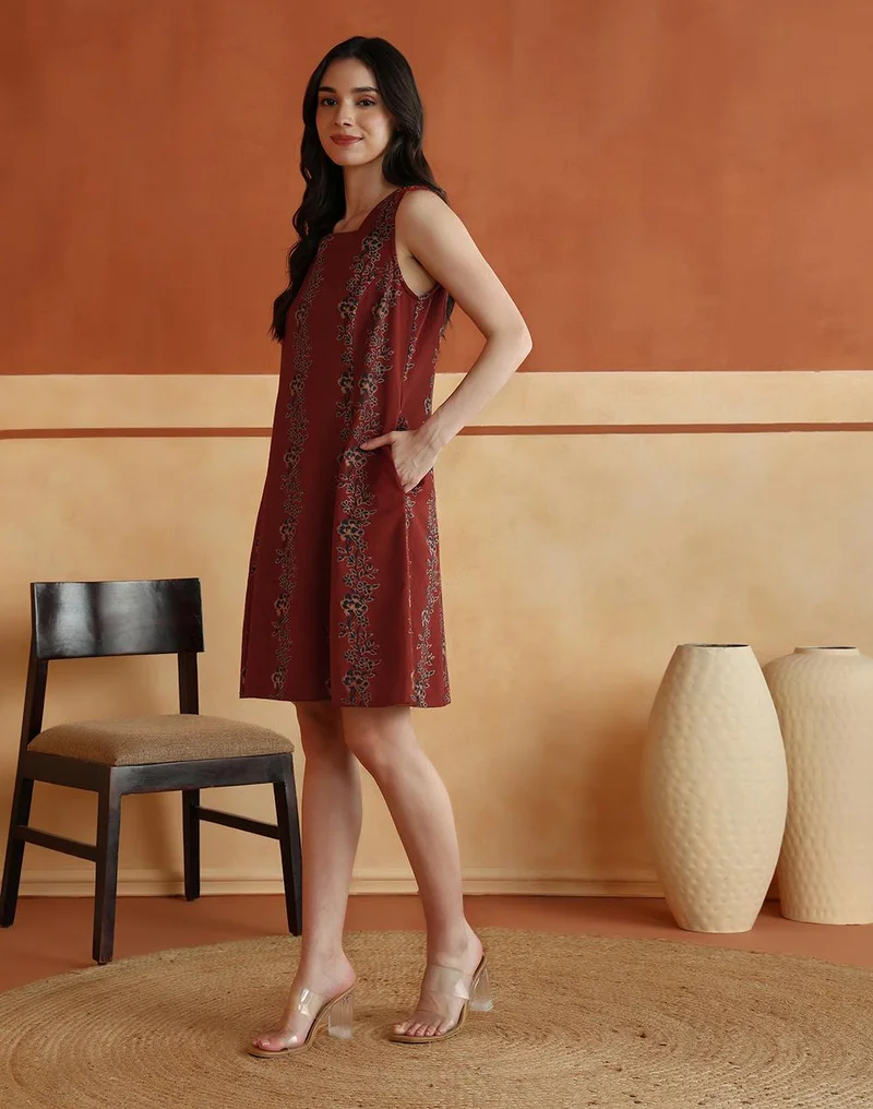 Fabindia  Red Cotton Linen Floral Printed Short Dress for Women | Best Price UAE