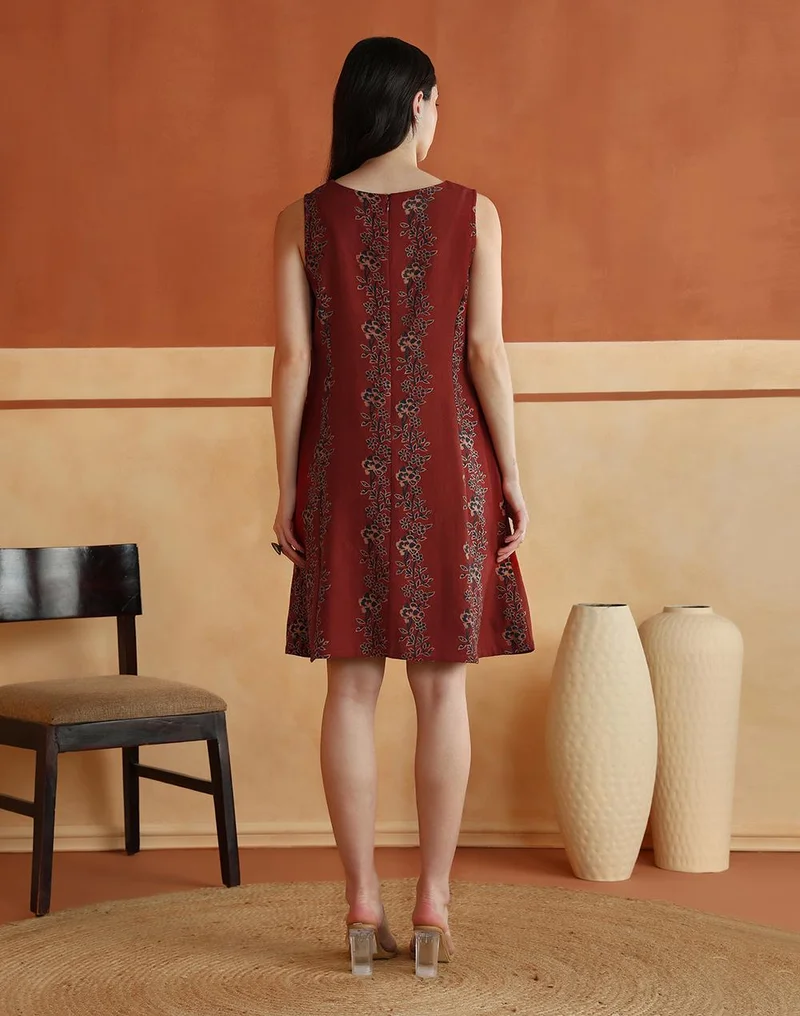 Fabindia  Red Cotton Linen Floral Printed Short Dress for Women | Best Price UAE