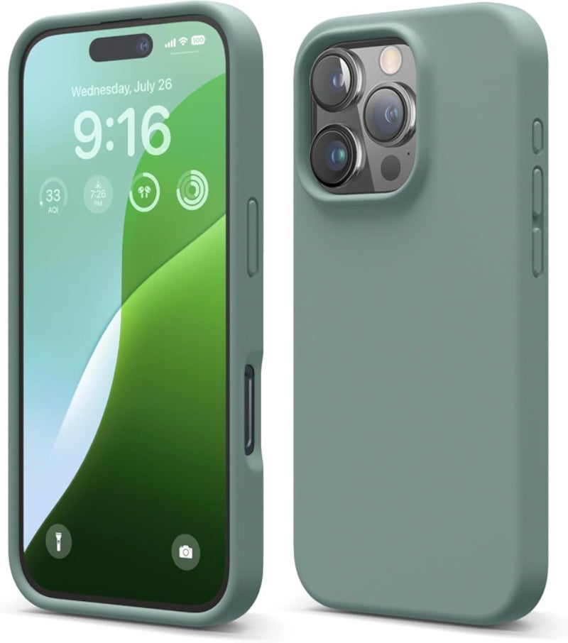 جراب elago متوافق مع iPhone 16 Pro، جراب سيليكون سائل فاخر، غطاء حماية كامل، مقاوم للصدمات، جراب هاتف نحيف، ألياف دقيقة ناعمة مقاومة للخدش (أخضر منتصف الليل)