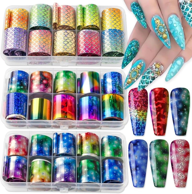 DANNEASY Nail Foil Transfer, DANNEASY 30 Roll Starry Sky Star Nail Foils Sheet Iridescent Foil Stickers for Nails Holographic Nail Art Foil Transfer Nail Design Stickers Nail Stickers Decals