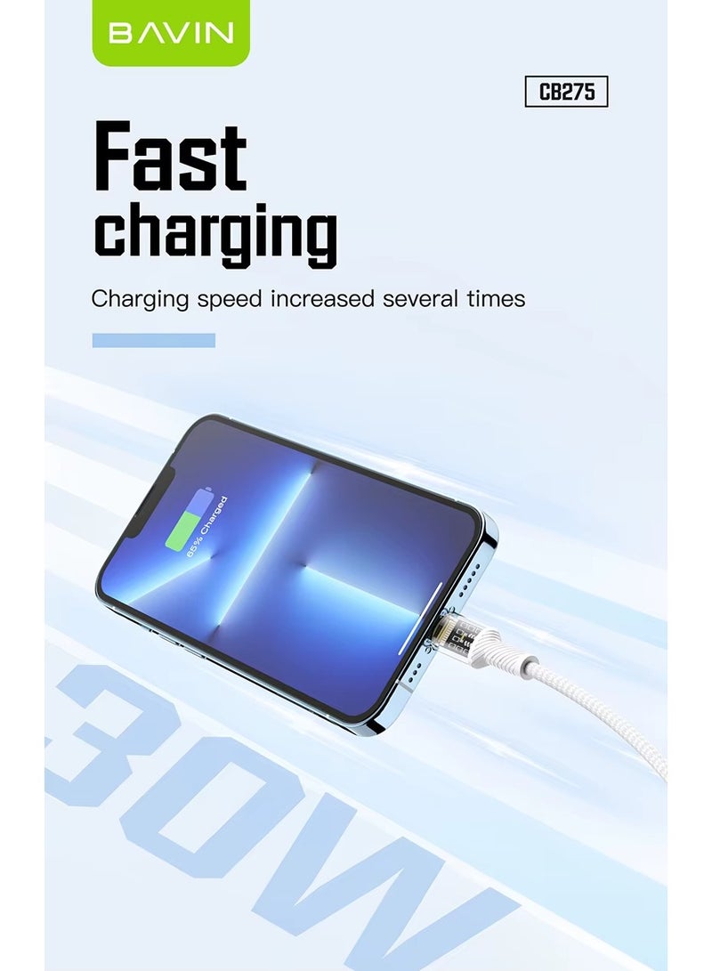 Bavin CB275 Power 12W Fast Charging Data Cable Smart Chip & Durable Braided Cable For Usb To Ios120 Cm White - Image 3