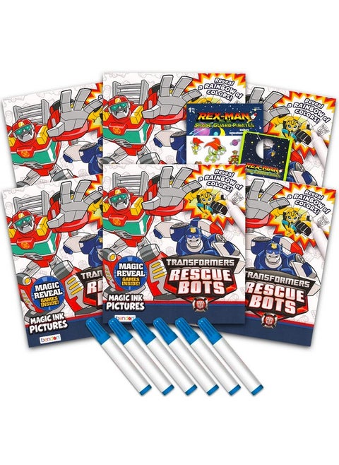 Transformers Rescue Bots Imagine Ink Coloring Book Set For Kids 6 Pack Nomess Magic Ink Coloring Books Featuring Rescue Bots With Rexman Stickers And Door Hanger (Transformers Party Favors Bundle)