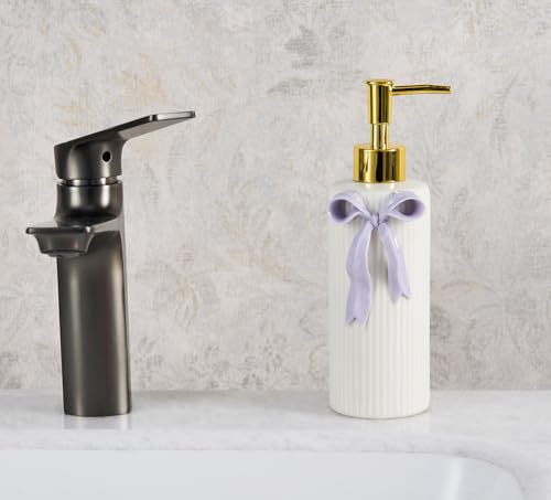 NEWHENGS Handmade Ceramic Bow Soap Pump Dispenser Hand Lotion Liquid Dispenser Refillable for Kitchen and Bathroom Decorative (Ribbon Lavender) - Image 2