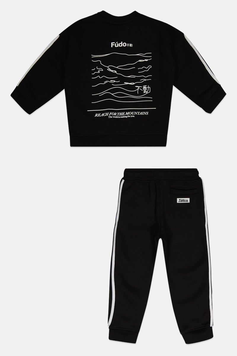 Fudo Kids Boy 2 Pieces Graphic Print Long Sleeve Sweatshirt With Jogger Pants Set, Black - Image 2