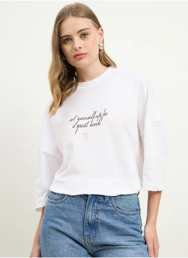 ستايلي Styli Women White Slogan Print Exaggerated Shoulder Oversized T-Shirt