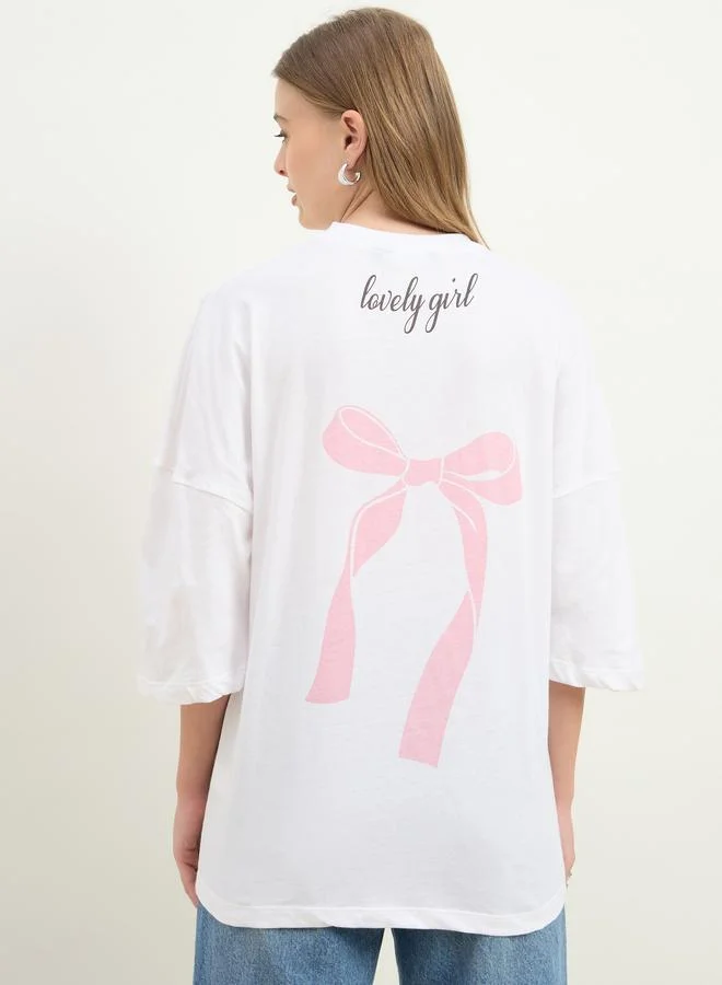 Styli Women White Slogan Print Exaggerated Shoulder Oversized T-Shirt
