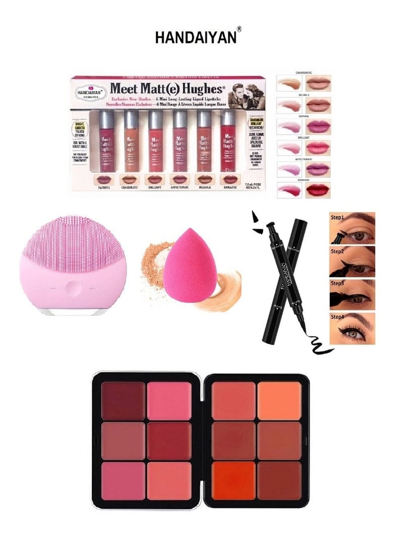 Handaiyan Face Makeup Essentials Set: Sponge + Silicone Applicator + Liquid Eyeliner + Blush Palette + Lipstick Set - Image 1