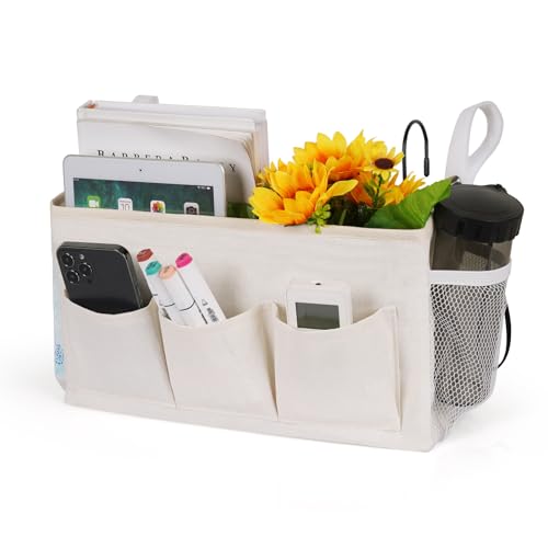 Ozzptuu Bedside Storage Caddy/Bedside Hanging Storage Bag for Headboards Bunk Beds Dorm Rooms Book Phone Magazine Holder (New White) - Image 1