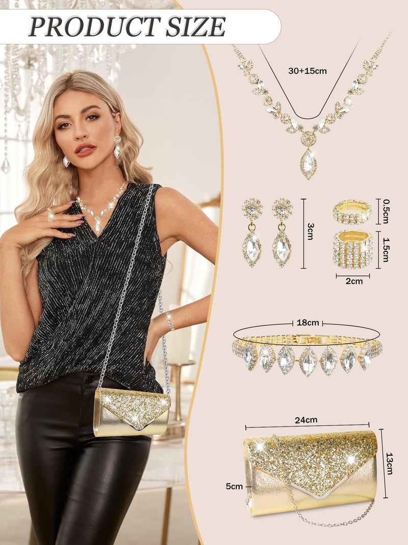 Mukum 7Pcs Gold Rhinestone Jewelry Set for Women Prom Jewelry with Evening Clutch Purse, Bling Bracelets, Rhinestone Necklace and Earrings for Party Wedding Formal Bride Prom - Image 2