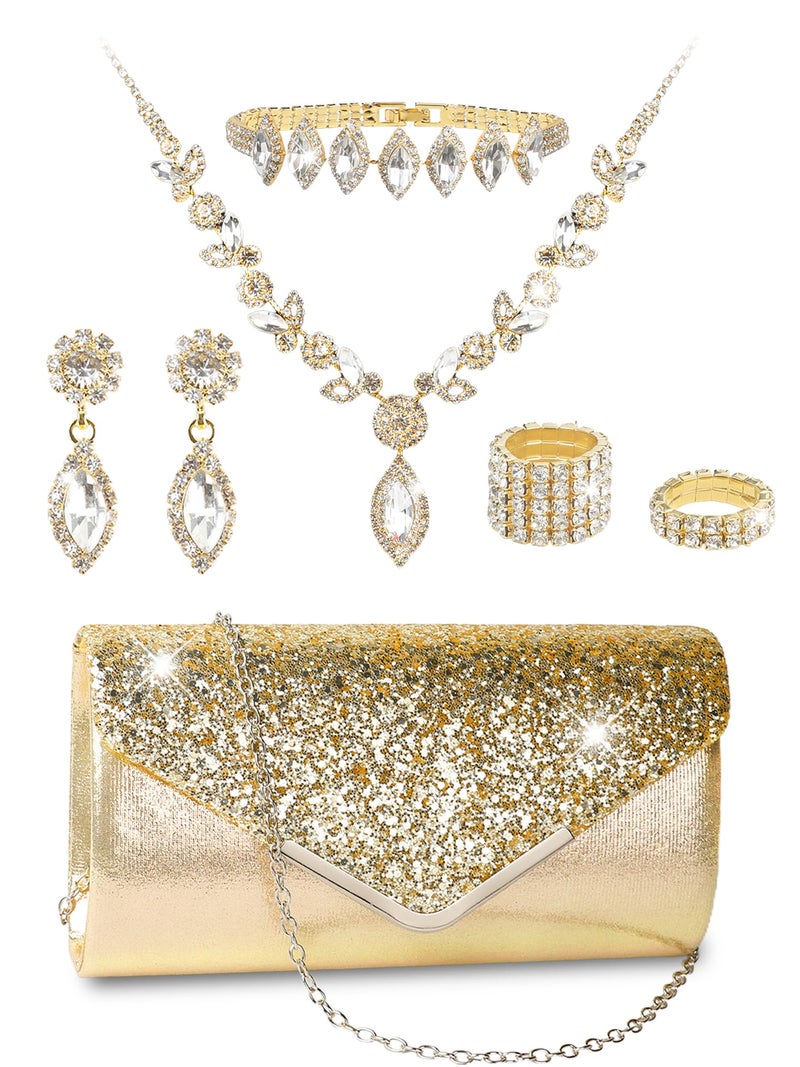 Mukum 7Pcs Gold Rhinestone Jewelry Set for Women Prom Jewelry with Evening Clutch Purse, Bling Bracelets, Rhinestone Necklace and Earrings for Party Wedding Formal Bride Prom - Image 1