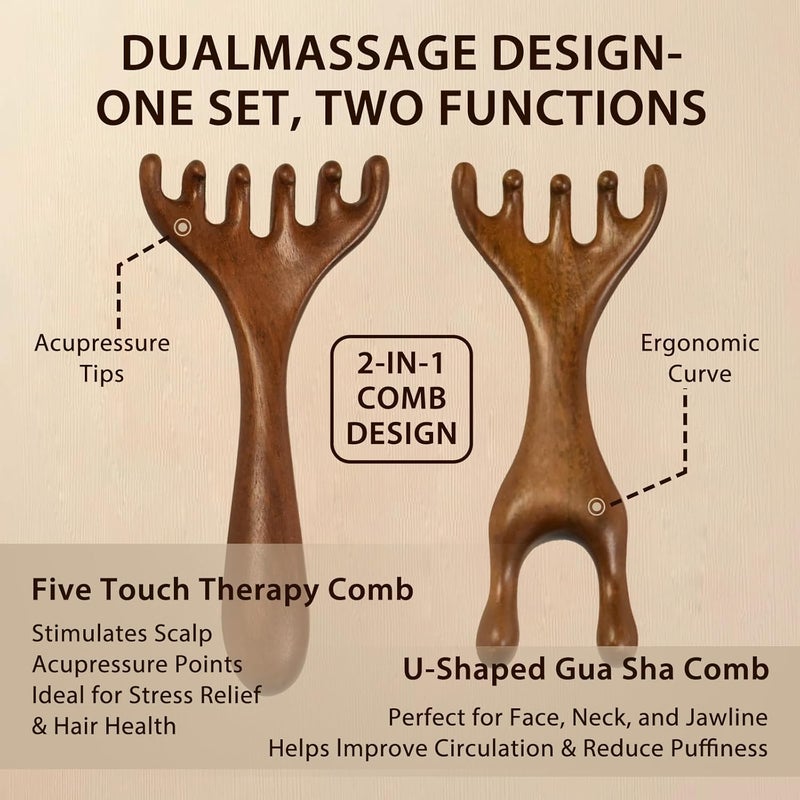 مجموعة هدايا مشط العلاج بخمس لمسات 2 قطع أدوات تدليك خشب الصندل الذهبي مع مشط غوا شا لتخفيف فروة الرأس والرقبة والوجه مصمم يدويًا لتدليك فروة الرأس للرجال والنساء - Image 4
