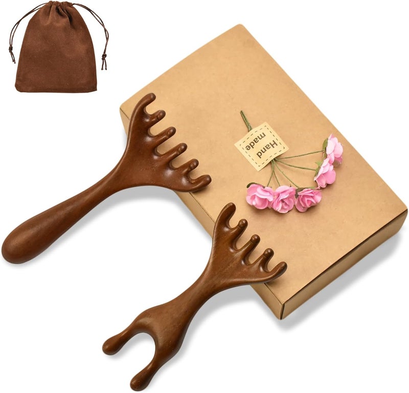 مجموعة هدايا مشط العلاج بخمس لمسات 2 قطع أدوات تدليك خشب الصندل الذهبي مع مشط غوا شا لتخفيف فروة الرأس والرقبة والوجه مصمم يدويًا لتدليك فروة الرأس للرجال والنساء - Image 1