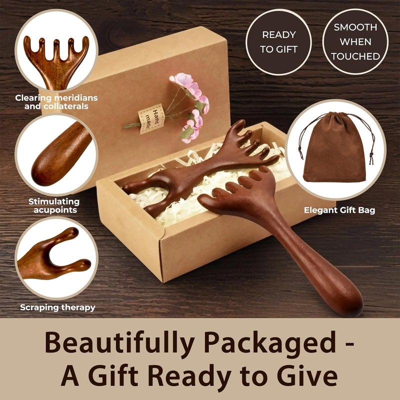 مجموعة هدايا مشط العلاج بخمس لمسات 2 قطع أدوات تدليك خشب الصندل الذهبي مع مشط غوا شا لتخفيف فروة الرأس والرقبة والوجه مصمم يدويًا لتدليك فروة الرأس للرجال والنساء - Image 5