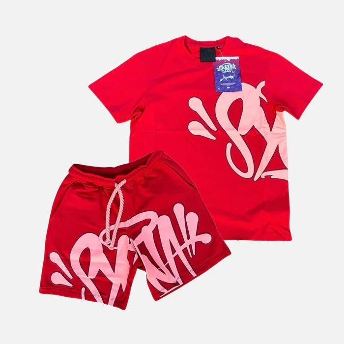 SynaWord High Street Fashion Hip Hop suit Mens 2023 Foreign Trade Explosions Trendy T-shirt Printed Syna Shorts Red (suit)