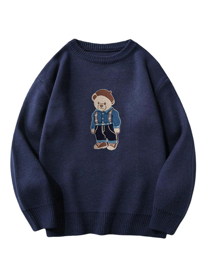 SHENHE Men's Oversized Crew Neck Cute Bear Sweater Vintage Unisex Preppy Graphic Sweater Jumper Dark Blue B Small - Image 1