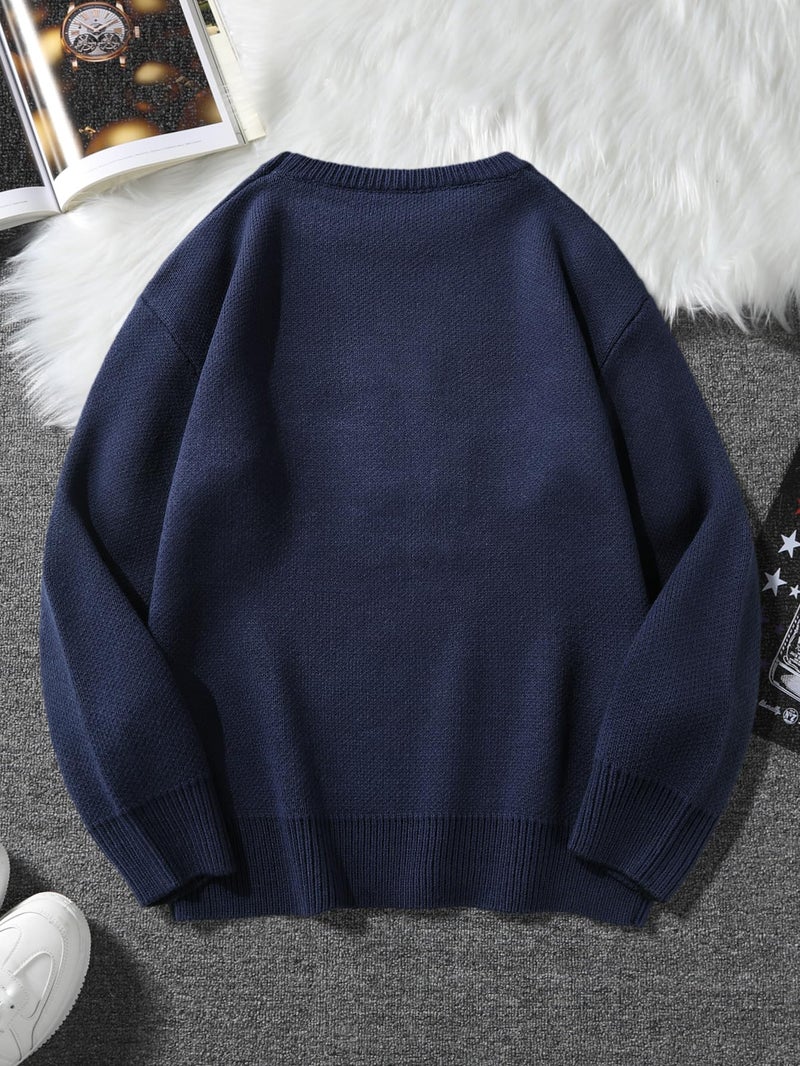 SHENHE Men's Oversized Crew Neck Cute Bear Sweater Vintage Unisex Preppy Graphic Sweater Jumper Dark Blue B Small - Image 2