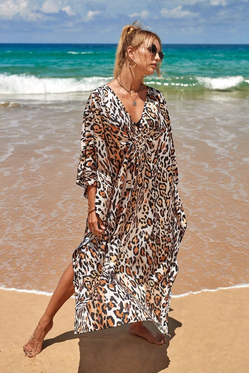 IMAGEKOPE Women's Plus Size Animal Print V-Neck Batwing Kaftan Beach Dress Bathing Suit Cover-Up Loungewear - Image 4