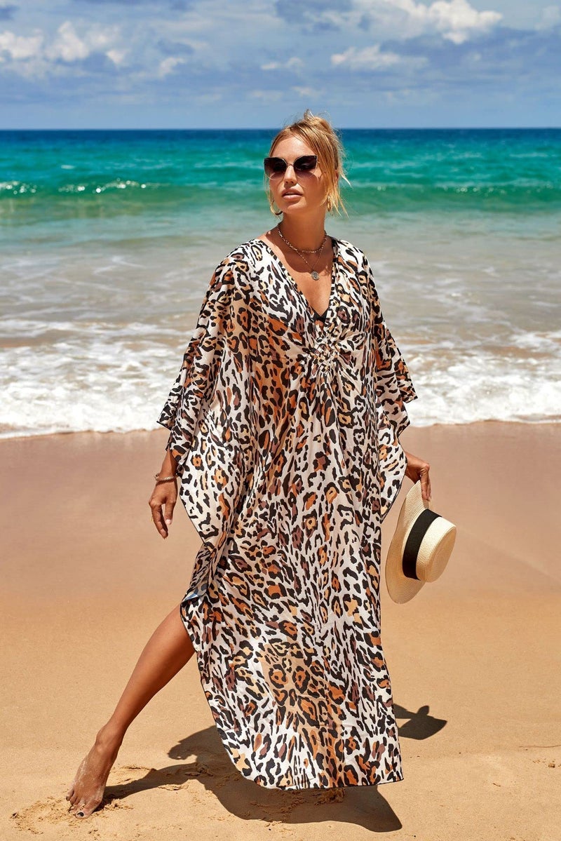 IMAGEKOPE Women's Plus Size Animal Print V-Neck Batwing Kaftan Beach Dress Bathing Suit Cover-Up Loungewear - Image 2
