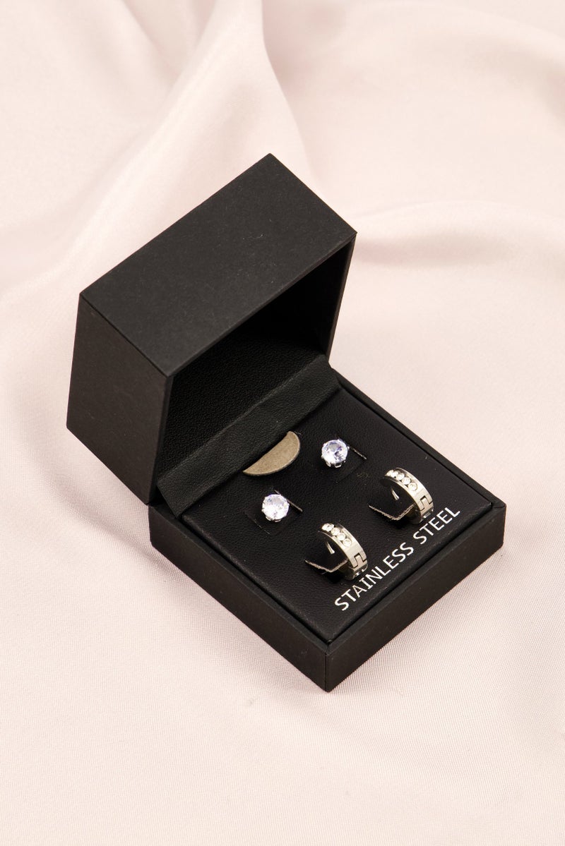 Steeltime Women Stainless Steel Simulated Diamond Huggie And Stud Earrings Set, Silver - Image 1