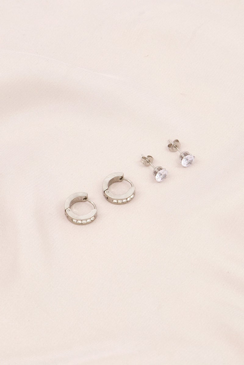 Steeltime Women Stainless Steel Simulated Diamond Huggie And Stud Earrings Set, Silver - Image 3