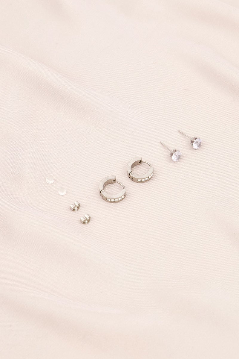 Steeltime Women Stainless Steel Simulated Diamond Huggie And Stud Earrings Set, Silver - Image 4