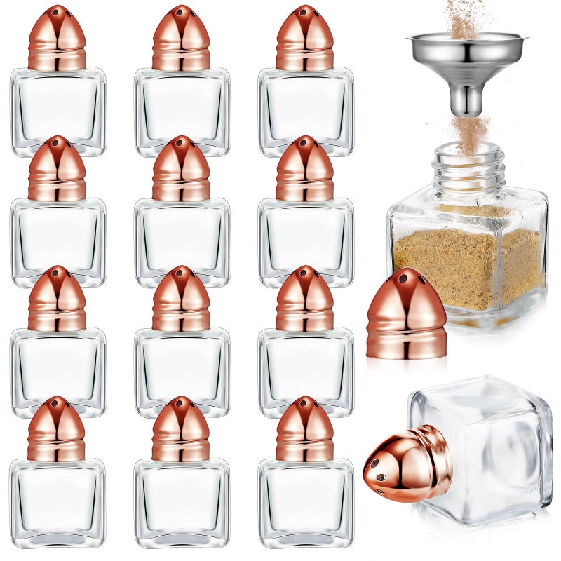 Uiifan 12 Pcs 05 oz Cube Shape Small Salt and Pepper Shakers with Tone Tops Clear Mini Glass Seasoning Jars Spice Salt Shakers with Funnel for Wedding Party Home Restaurant Kitchen Rose Gold