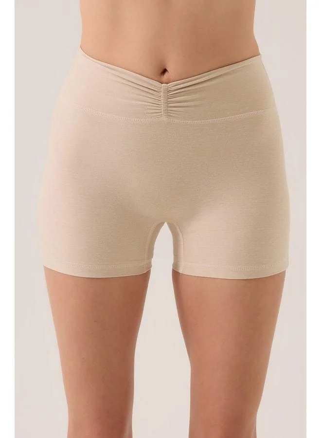 Los Ojos x Ece Beige Mélange Waist-Detail Short Leggings with Ruched Biker Shorts.