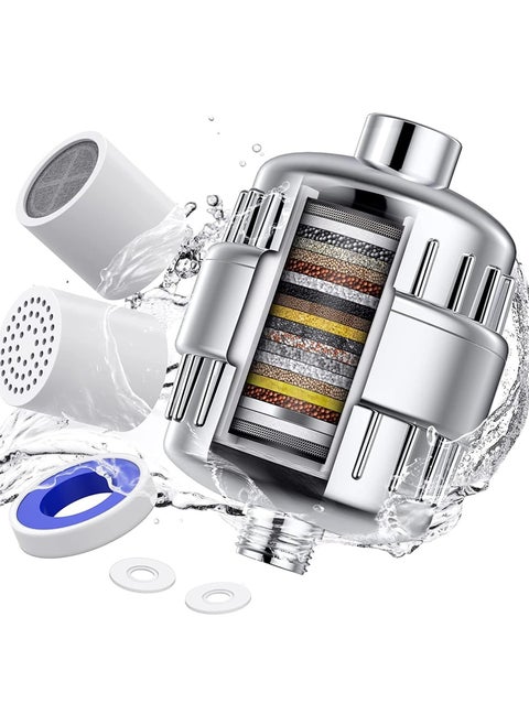 Shower Filter 20 Stage Showerhead Filter for Hard Water with 2 Replaceable Cartridges for Removing Chlorine Fluoride, Polished Chrome