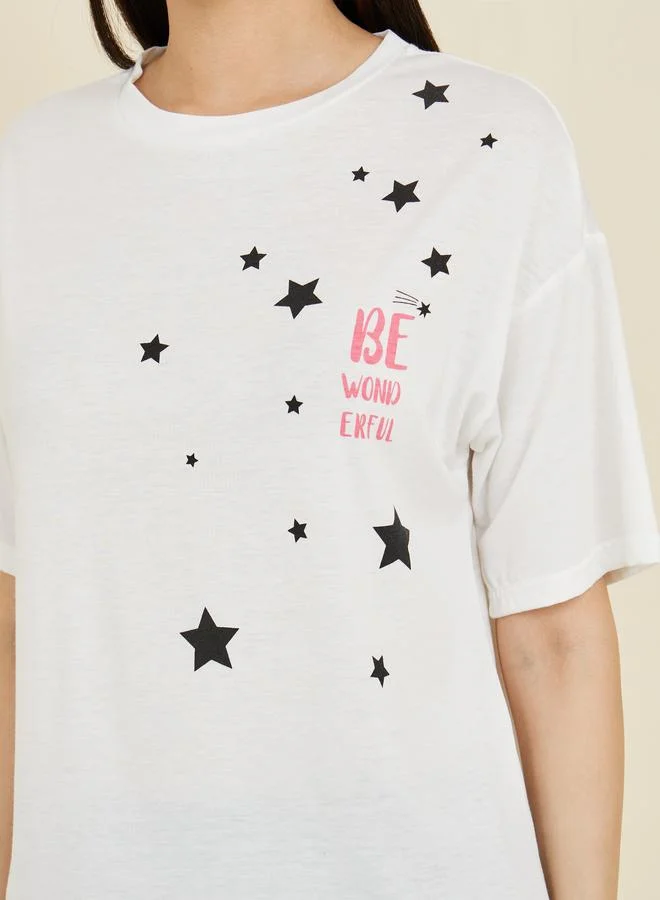 ستايلي Star Print Drop Shoulder T-shirt and Pyjama Set