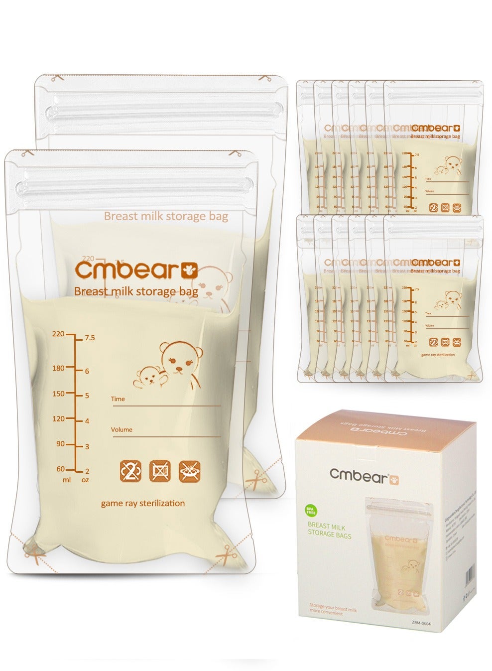 Cmbear Breastmilk Storage Bags, 60 Count, 220ml, Easy to Use Milk Storage Bags for Breastfeeding, Presterilized, Hygienically Doubled-Sealed, for Refrigeration and Freezing