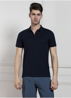 Navy Regular Fit Solid Polo Collar T-shirt for Men - 100% Cotton, Half Sleeve, Casual