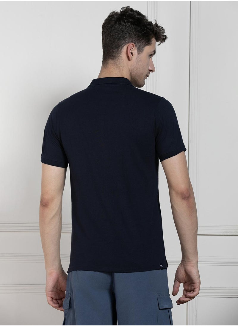 Dennis Lingo - Navy Regular Fit Solid Polo Collar T-shirt for Men - 100% Cotton, Half Sleeve, Casual - Image 1