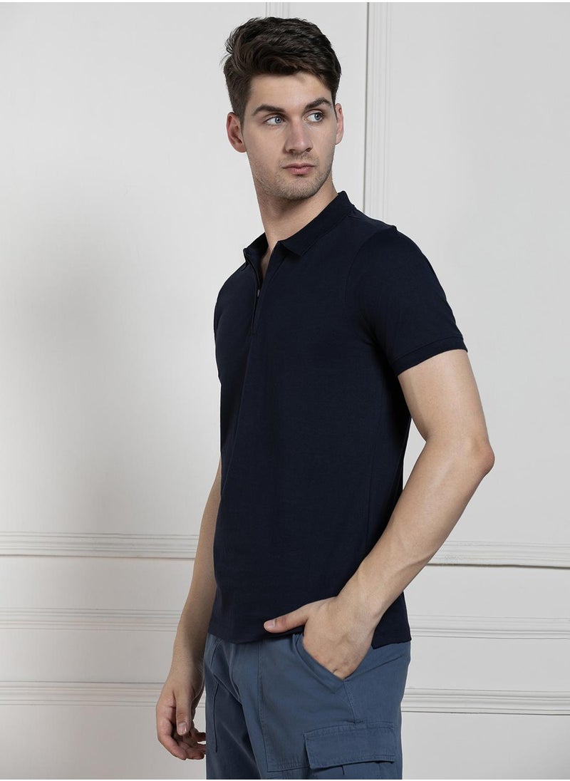 Dennis Lingo - Navy Regular Fit Solid Polo Collar T-shirt for Men - 100% Cotton, Half Sleeve, Casual - Image 1