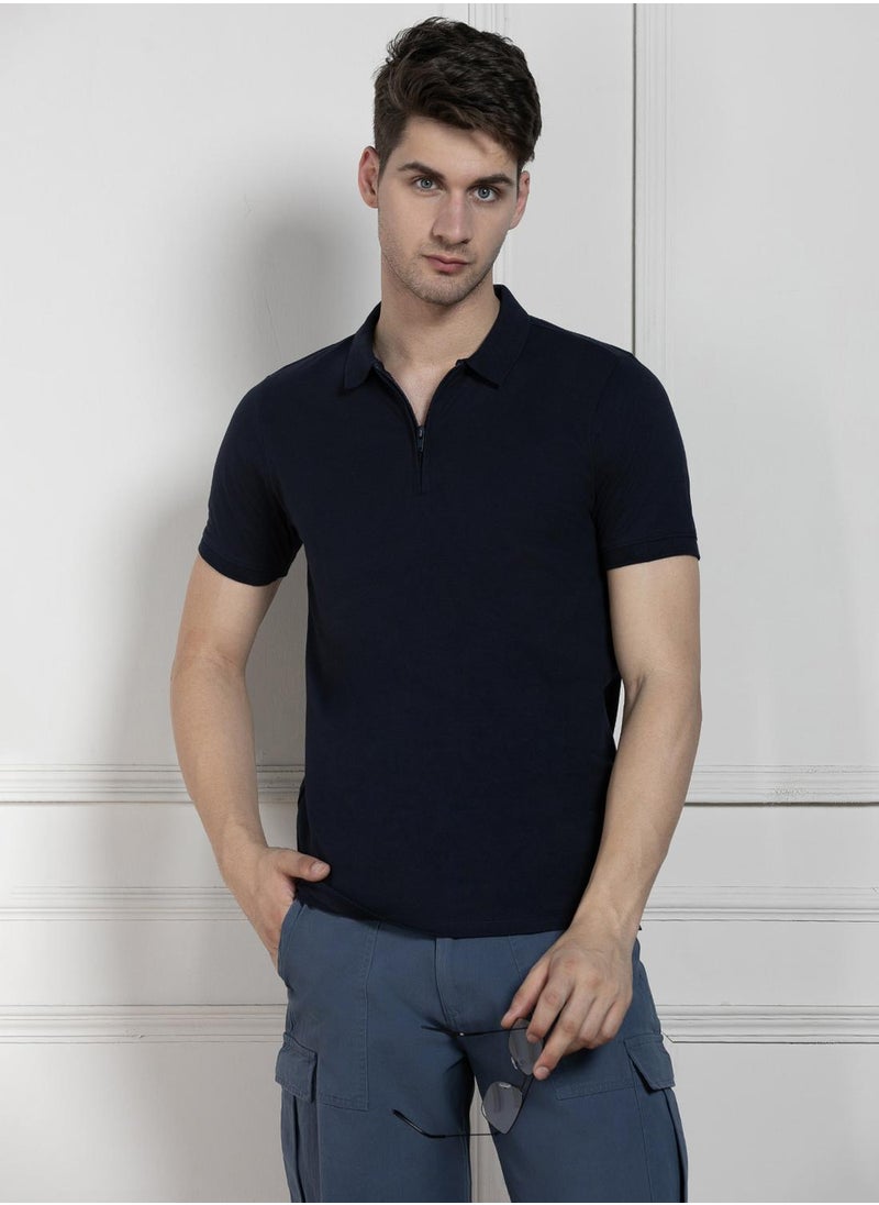 Dennis Lingo - Navy Regular Fit Solid Polo Collar T-shirt for Men - 100% Cotton, Half Sleeve, Casual - Image 1