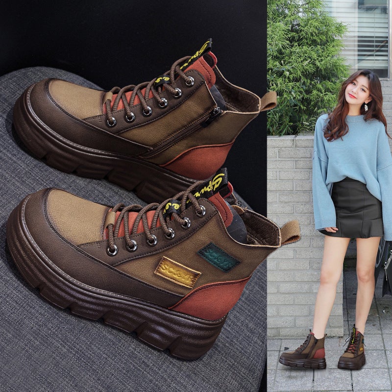 Huajiang Thick-Soled Martin Boots 2026 Winter New Fashion Color-Blocking Height-Increasing Retro Short Boots Trendy Women''s Boots - Image 2