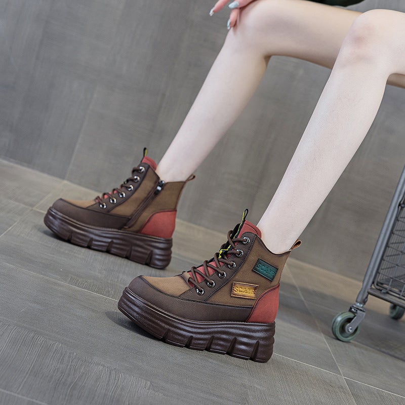 Huajiang Thick-Soled Martin Boots 2026 Winter New Fashion Color-Blocking Height-Increasing Retro Short Boots Trendy Women''s Boots - Image 4