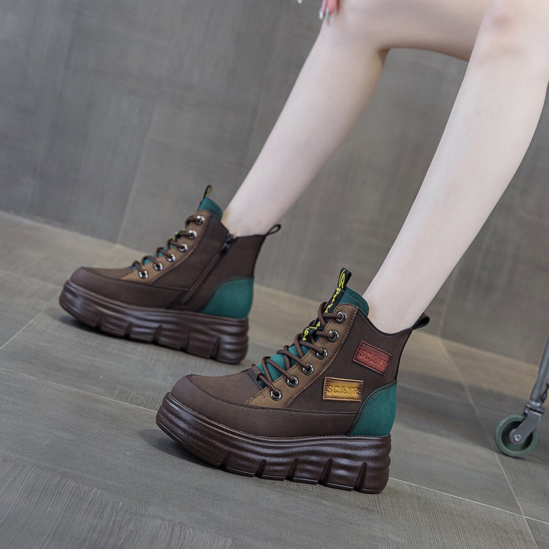 Huajiang Thick-Soled Martin Boots 2026 Winter New Fashion Color-Blocking Height-Increasing Retro Short Boots Trendy Women''s Boots - Image 3