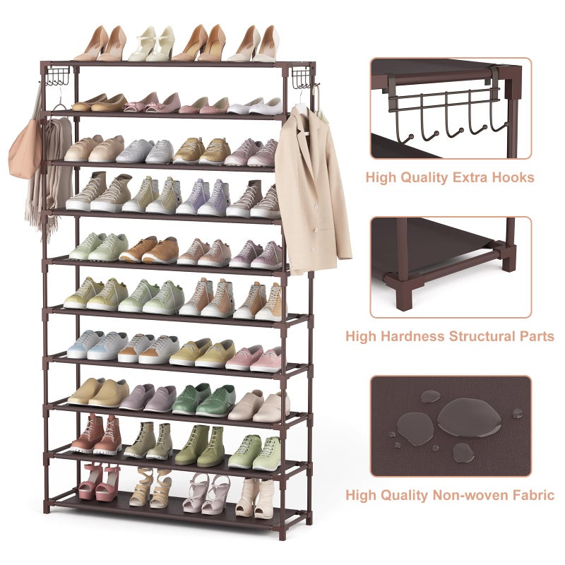LANTEFUL 10 Tiers Shoe Rack 50 Pairs Large Capacity Tall Shoe Organizer Sturdy Shoe Storage with Two Hooks Space Saving Metal Wide Shoe Rack for Closet, Entryway, Bedroom, Brown - Image 4