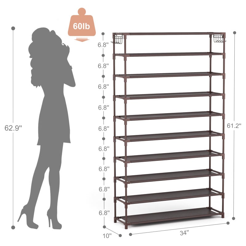LANTEFUL 10 Tiers Shoe Rack 50 Pairs Large Capacity Tall Shoe Organizer Sturdy Shoe Storage with Two Hooks Space Saving Metal Wide Shoe Rack for Closet, Entryway, Bedroom, Brown - Image 3