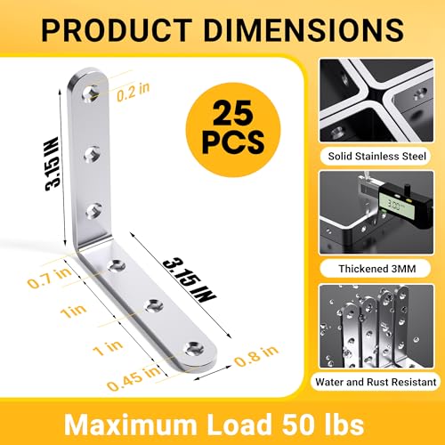 WENQUIT 25Pcs Stainless Steel Angle Brackets 3x 3 Heavy Duty Corner BracketsMetal Corner Braces for Wood 3MM 90 Degree Joint Hardware 3inch l Bracket for Shelves Wood Furniture Cabinet Chairs Bookshelf - Image 3