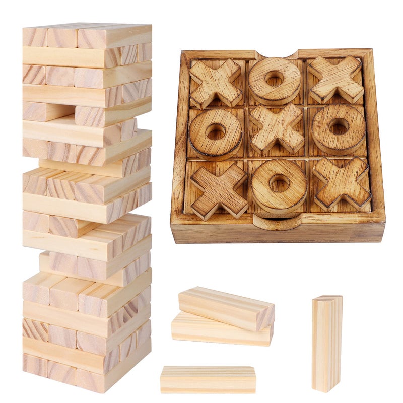 Glintoper Tic Tac Toe Tumble Tower Blocks Tables Game Set Classic Wood Stacking Game XOXO Board Games for Kids Family Living Room Rustic Coffee Table Decor Travel Strategy Board Games - Image 2