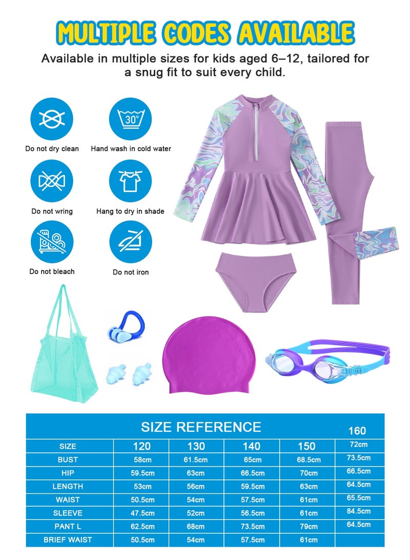 Homarket Girls Long Sleeve Swimsuit Set, 7 Pieces UPF50+ Sun Protection Rash Guard, Full Coverage Girls Swimming Costume with Skirt, Swim Cap, Swimming Goggles, Ear Nose Plugs, Swim Panties, Swim Leggings & Beach Bag, Kids Bathing Suit for Beach Pool Water Sport, Sizes for Height 120cm-160cm Ages 6-12 - Image 3
