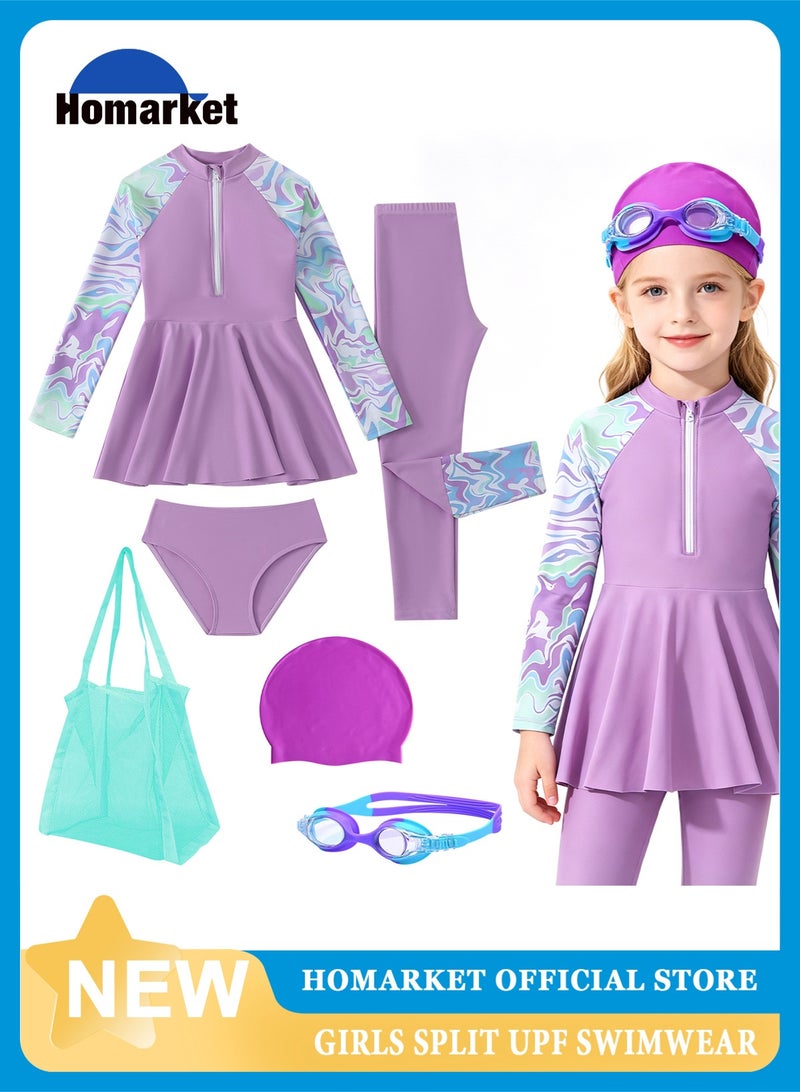 Homarket Girls Long Sleeve Swimsuit Set, 7 Pieces UPF50+ Sun Protection Rash Guard, Full Coverage Girls Swimming Costume with Skirt, Swim Cap, Swimming Goggles, Ear Nose Plugs, Swim Panties, Swim Leggings & Beach Bag, Kids Bathing Suit for Beach Pool Water Sport, Sizes for Height 120cm-160cm Ages 6-12 - Image 1
