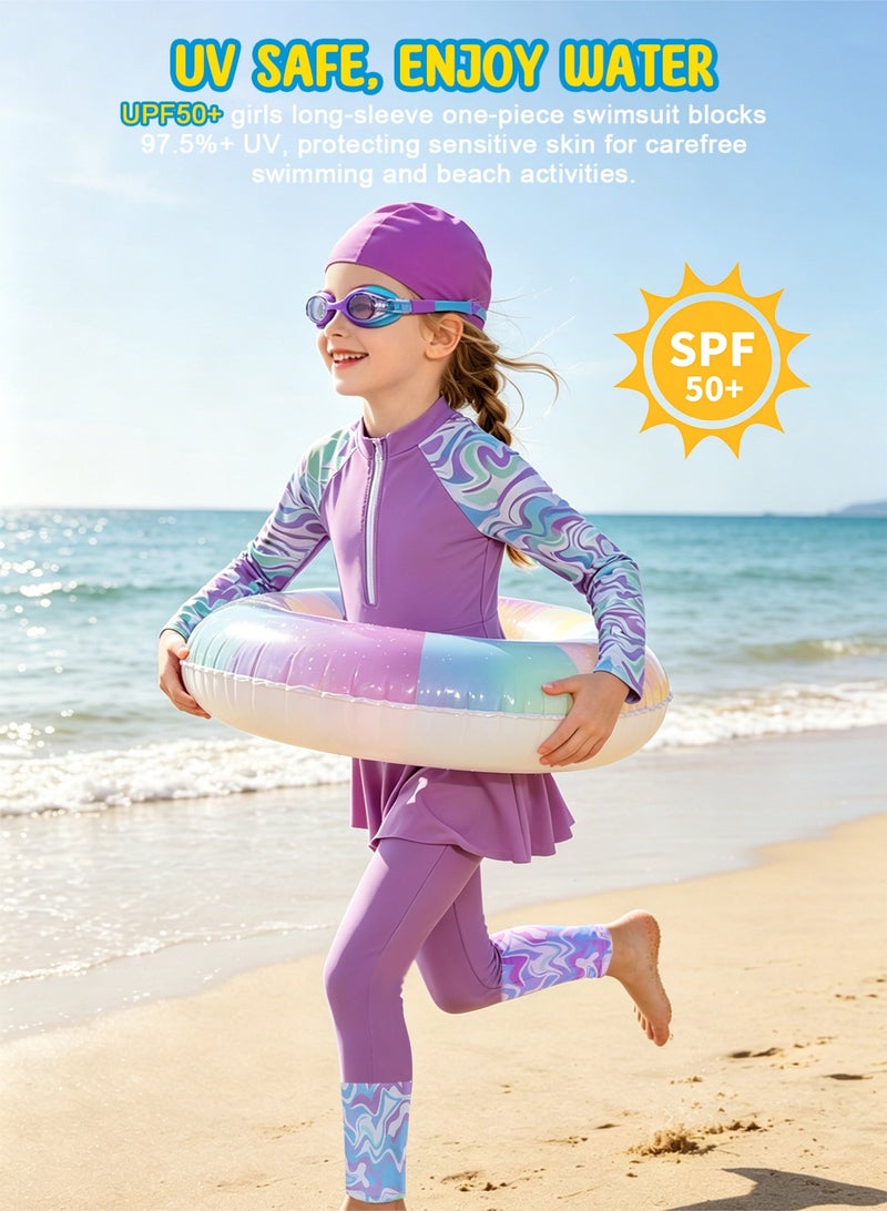 Homarket Girls Long Sleeve Swimsuit Set, 7 Pieces UPF50+ Sun Protection Rash Guard, Full Coverage Girls Swimming Costume with Skirt, Swim Cap, Swimming Goggles, Ear Nose Plugs, Swim Panties, Swim Leggings & Beach Bag, Kids Bathing Suit for Beach Pool Water Sport, Sizes for Height 120cm-160cm Ages 6-12 - Image 2
