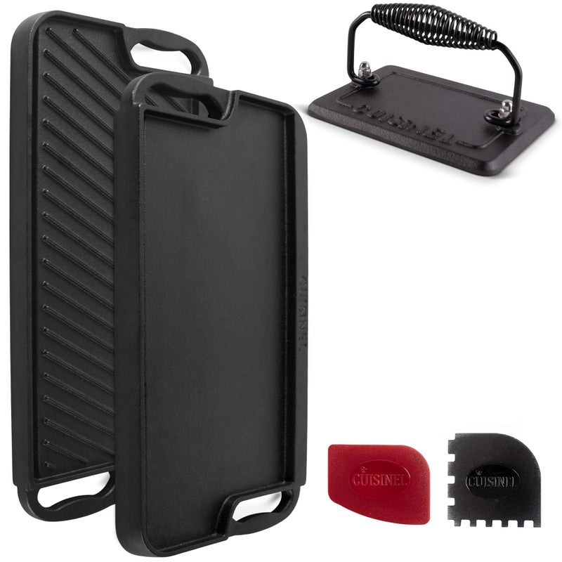 Cuisinel Cuisinel Cast Iron GriddleGrill  Burger Press  Pan Scrapers  Reversible PreSeasoned 20 X 10 Dual Handle Flat Skillet  Griller Pan  Cleaning Accessories  Use IndoorOutdoor Stove Burner Gas 