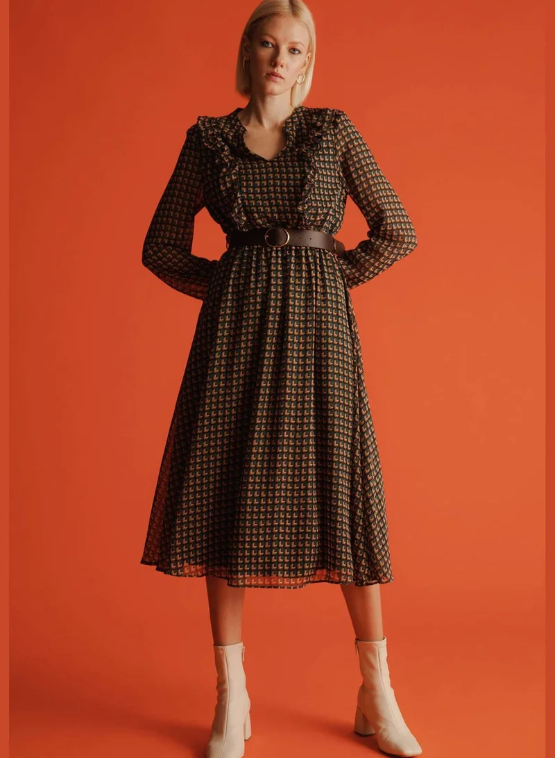 DeFacto Woman Elastic Waist Dress Tipped Neck Long Sleeve Woven Dress