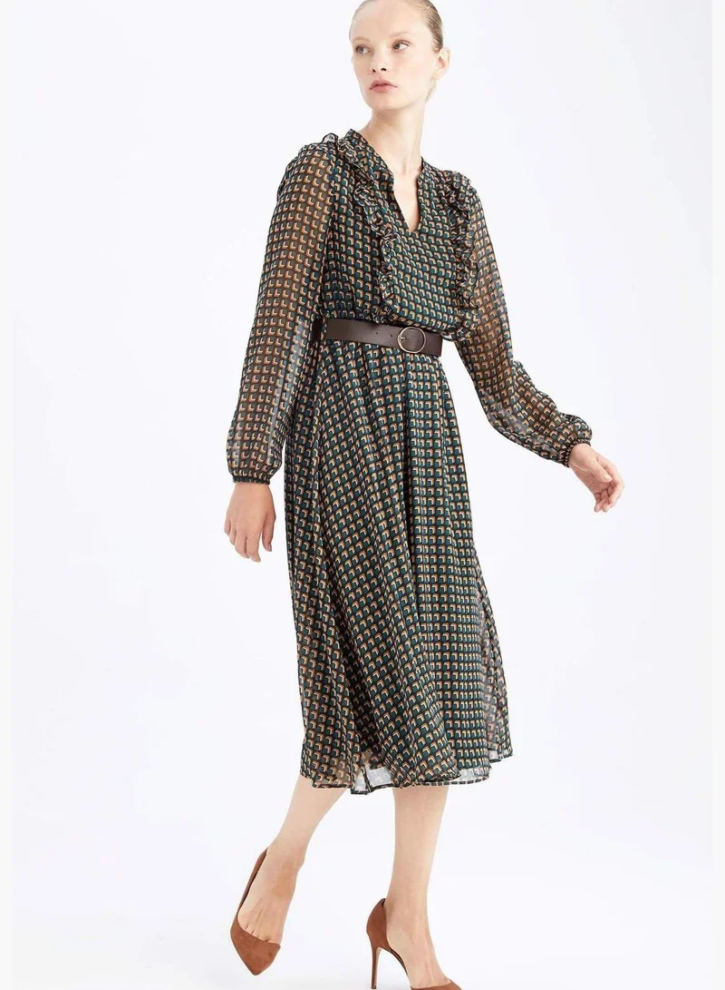 DeFacto Woman Elastic Waist Dress Tipped Neck Long Sleeve Woven Dress