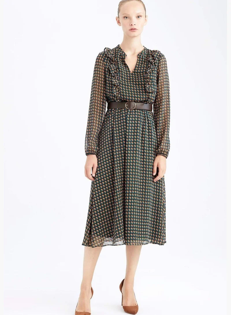 DeFacto Woman Elastic Waist Dress Tipped Neck Long Sleeve Woven Dress