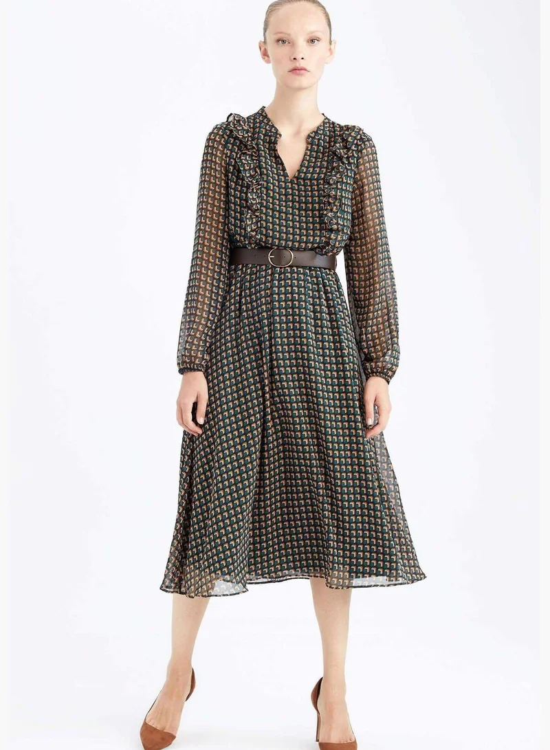 DeFacto Woman Elastic Waist Dress Tipped Neck Long Sleeve Woven Dress