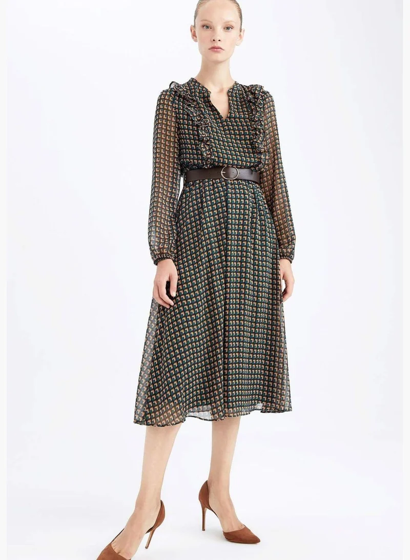 DeFacto Woman Elastic Waist Dress Tipped Neck Long Sleeve Woven Dress